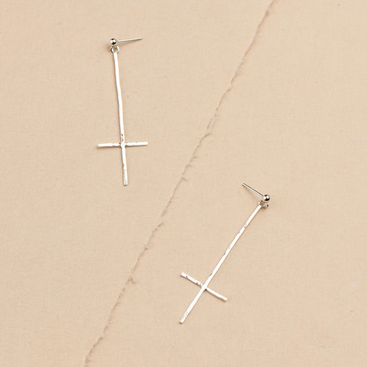 Handmade Hammered Drop Cross Studs